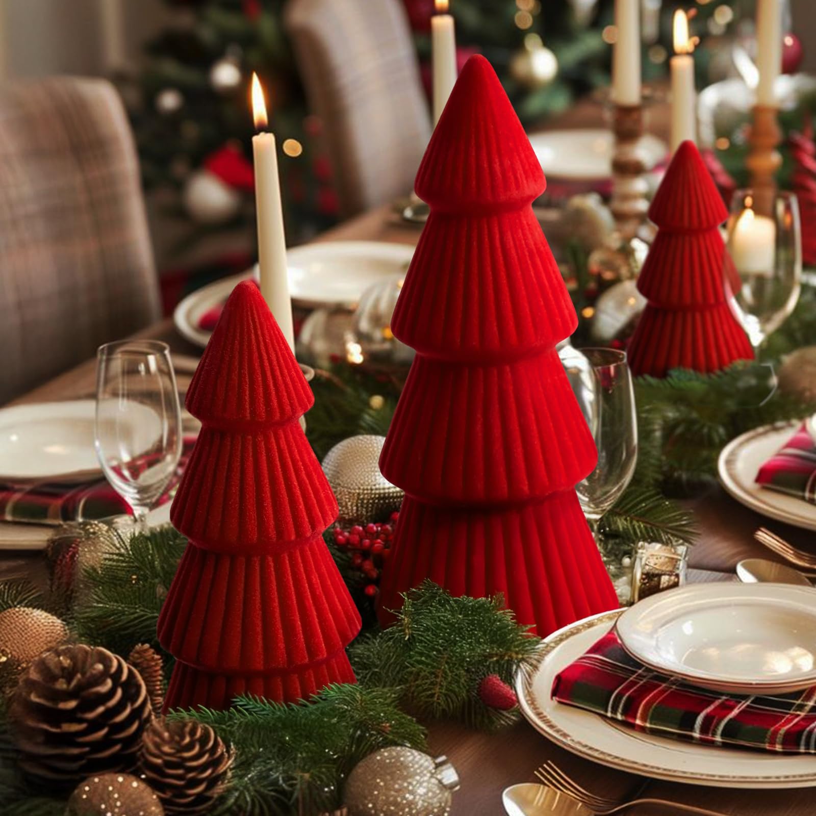 Christmas Decorations Indoor- 3 Pcs Velvet Christmas Tree,Modern Cone Ceramics Christmas Decor Tabletop Winter Home Minimalist for Holiday Entryway Table Mantel Centerpiece(Green)