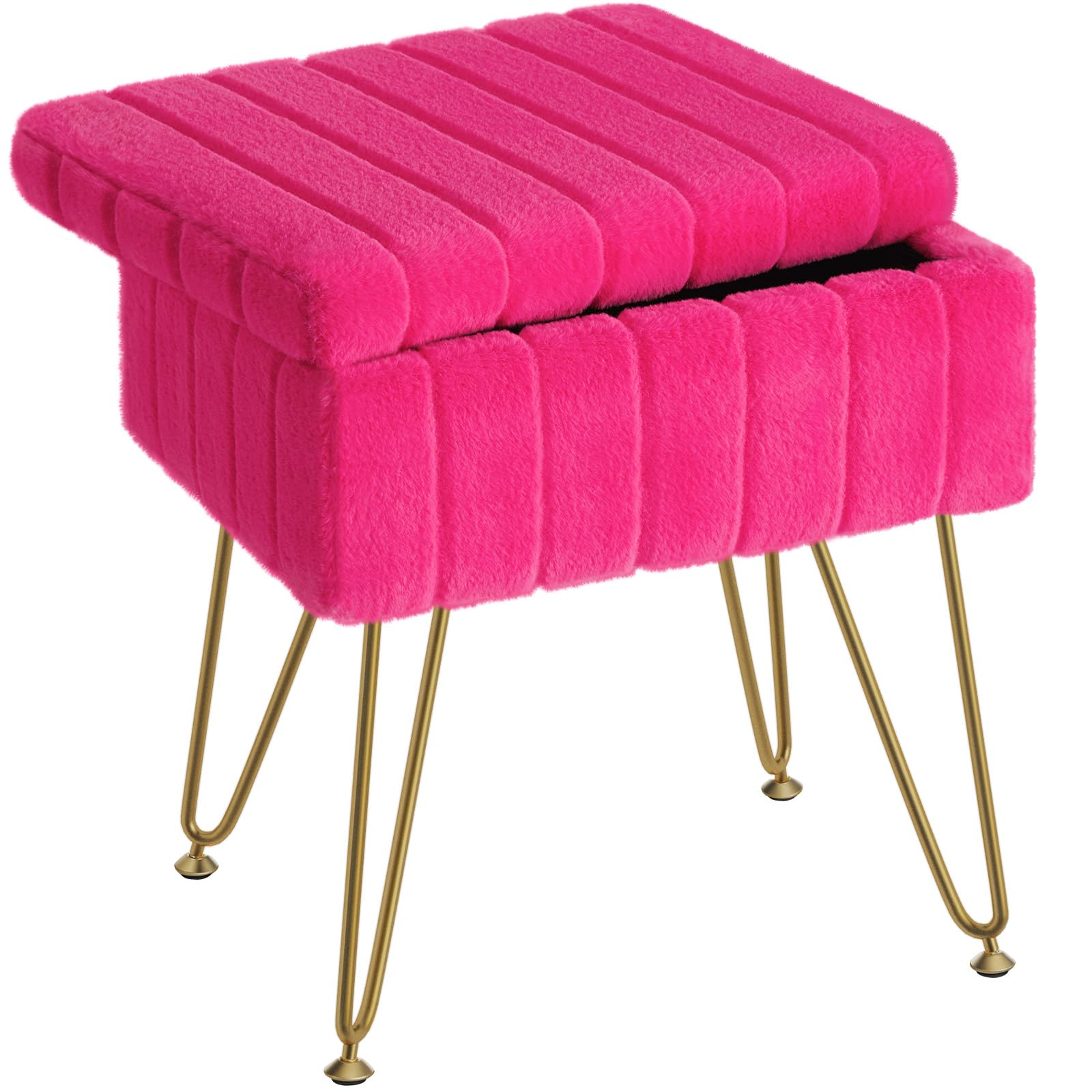Greenstell Vanity Stool Chair Faux Fur with Storage, 19.4&quot; H x 15.7&quot; L x 11.8&quot; W Soft Ottoman 4 Metal Legs with Anti-Slip Feet, Furry Padded Seat, Modern Multifunctional Chairs for Makeup, Bedroom