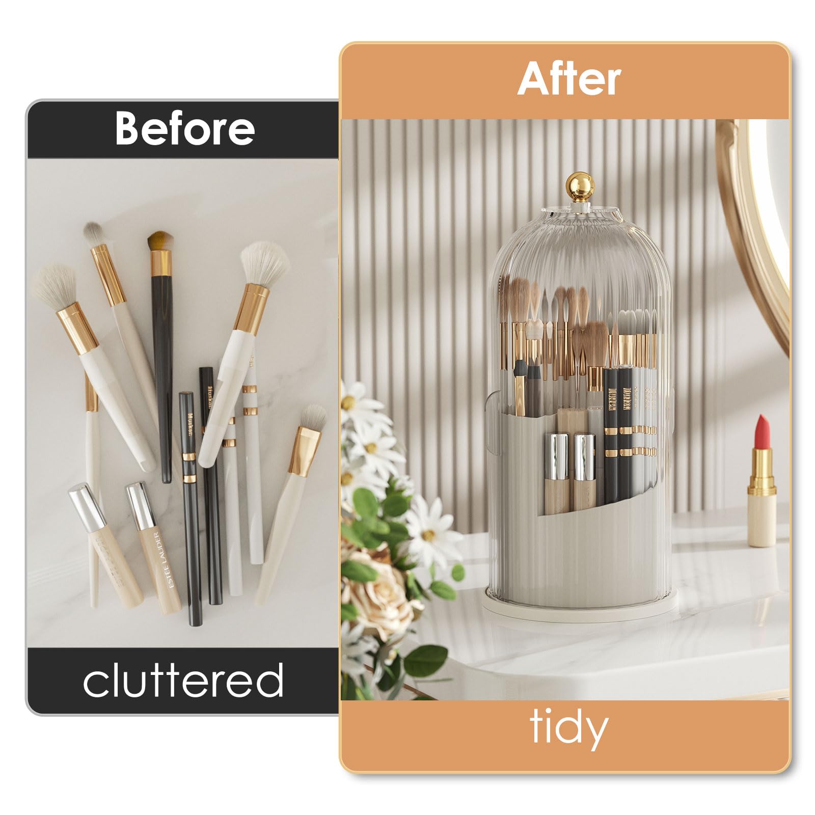 Makeup Brush Holder Organizer with Lid,360 Rotating Clear Dustproof Makeup Brushes Organizer for Vanity Desktop Bathroom Countertop (Transparent)