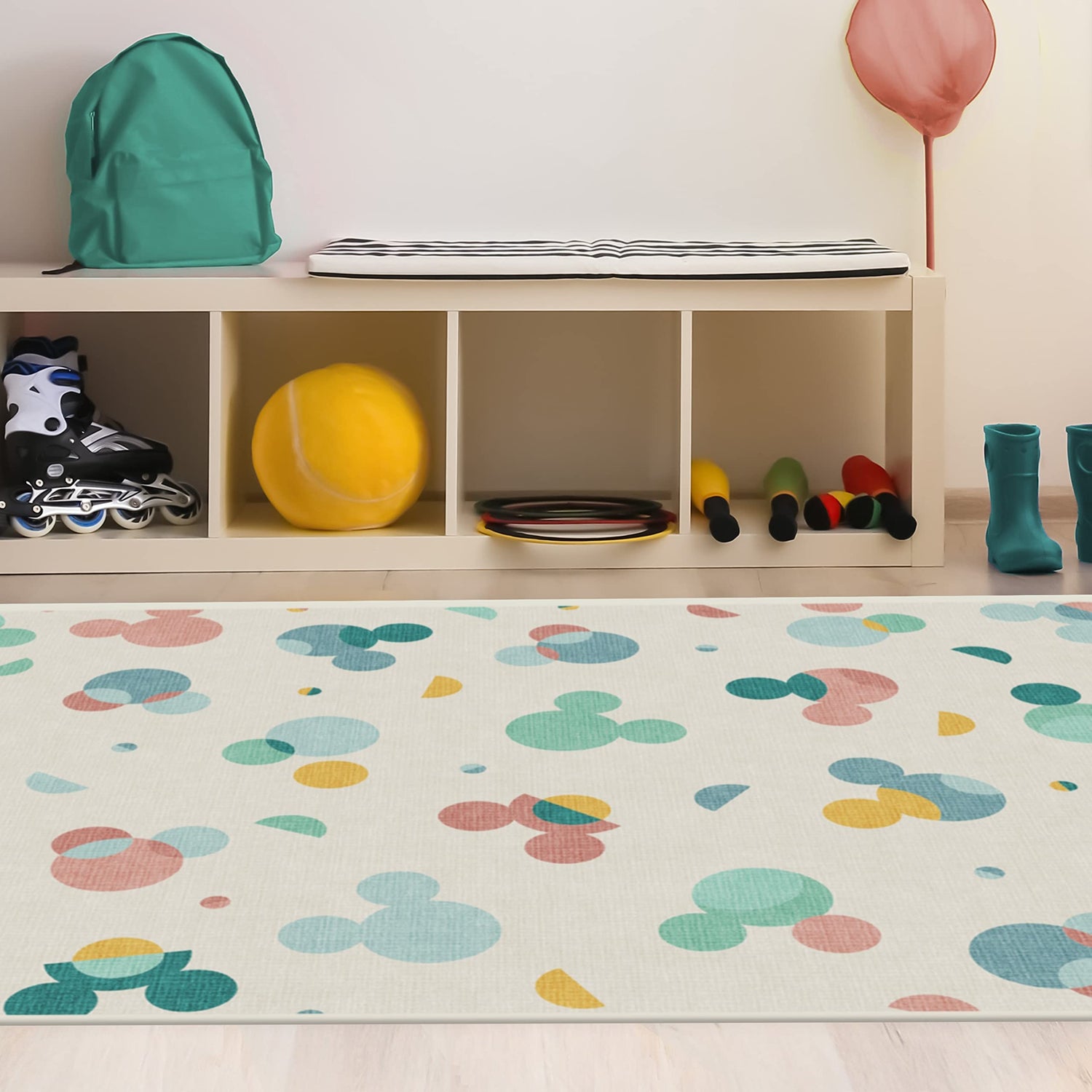RUGGABLE Disney Classic Minnie Mouse Washable Rug - Perfect Area Rug for Nursery Playroom Kids Room - Pet &amp; Child Friendly - Stain &amp; Water Resistant - Trellis Pink 5&