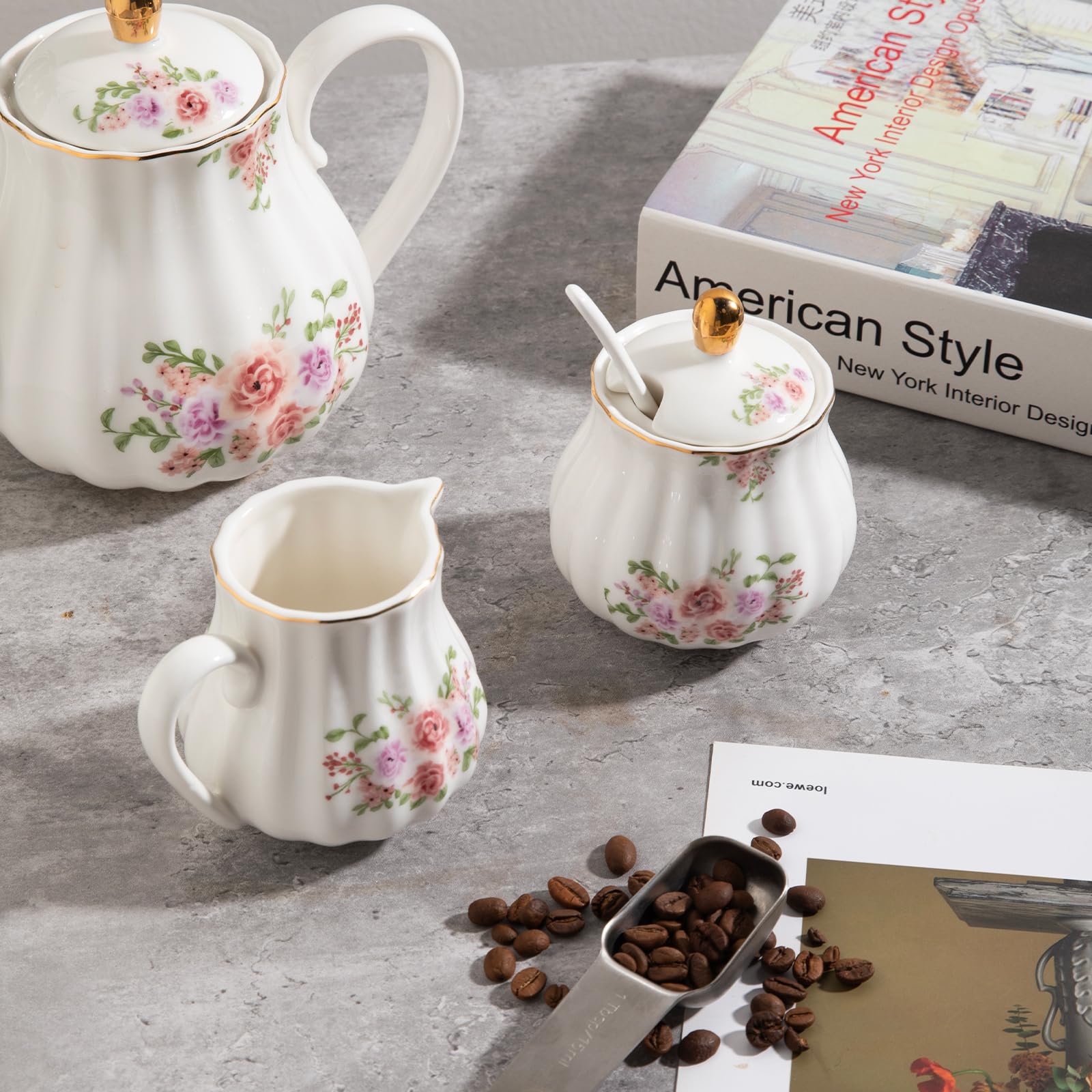 Sweejar Royal Ceramic Sugar and Creamer Set, 3 Piece Set with Cream Pitcher, Sugar Bowl, Sugar Set with Lid &amp; Spoon, Coffee Serving Set Wedding Gift(White)