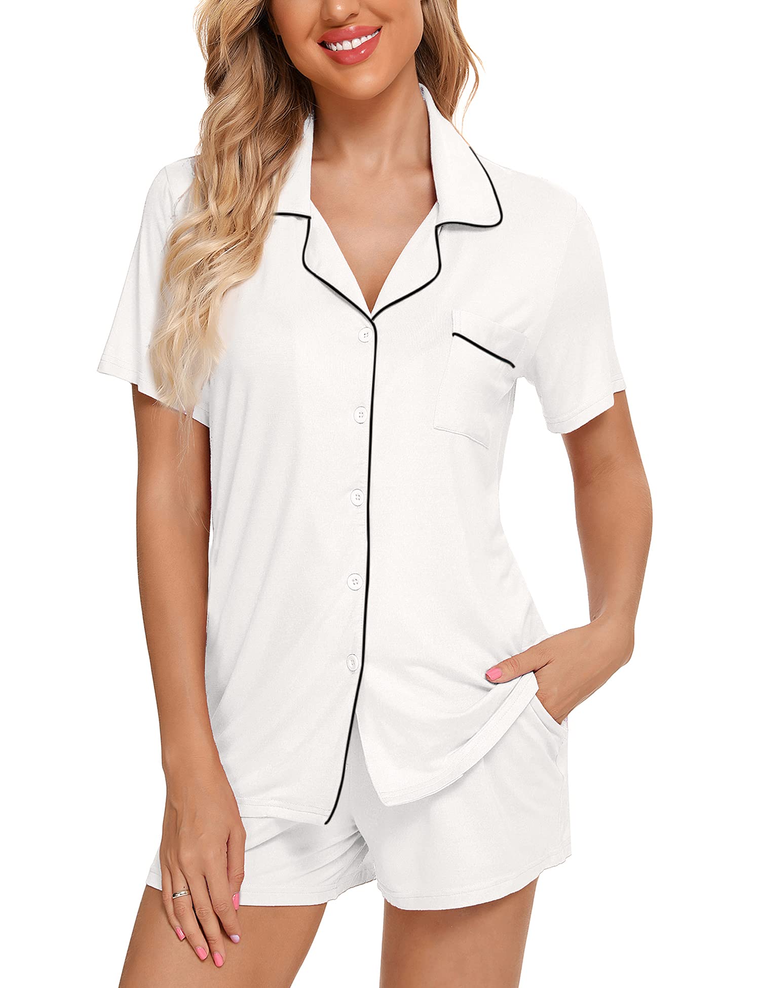Senert Pajamas Set For Women Short Sleeve Sleepwear Soft Button Down Pjs Set Nightwear Lounge Sets S-XXL