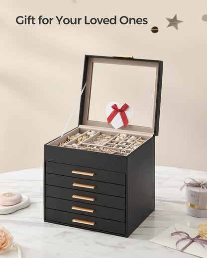 SONGMICS Jewelry Box with Glass Lid, 3-Layer Jewelry Organizer, 2 Drawers, for Big and Small Jewelry, Jewelry Storage, Modern Style, 8 x 9.1 x 5.3 Inches, Cloud White and Gold Color UJBC239WT