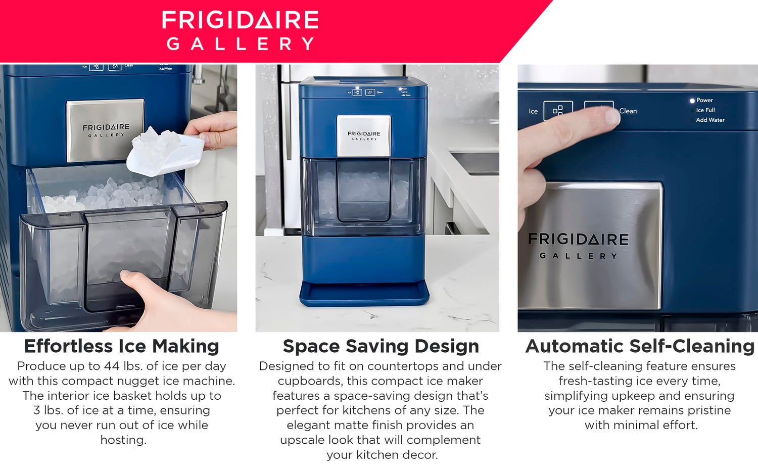 Frigidaire Nugget Ice Maker, Countertop Ice Machine with Transparent Window, Sonic Ice Maker with 44 lbs. Capacity, Auto Self Cleaning Ice Maker Machine, 2.0 Gen, Cream - 16.75D x 11.75W x 20.25H