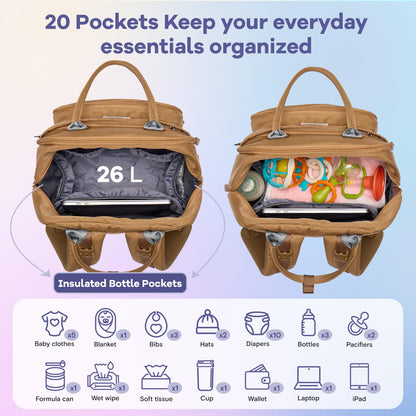 RUVALINO Diaper Bag Backpack, Multifunction Travel Pack Maternity Baby Changing Bags, Large Capacity, Waterproof, Beige