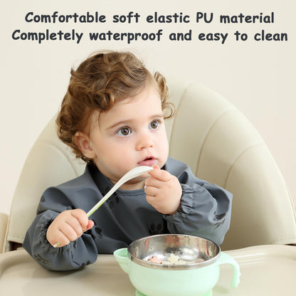 PewinGo Weaning Bib with Long Sleeves &amp; BLW, Soft and Skin-Friendly Material, Coverall Bibs for Baby Feeding, Waterproof and Easy to Clean &amp; Machine Washable, for Baby Infant Toddlers (Pink)
