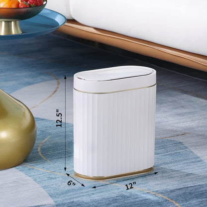 ELPHECO Mini Desktop Trash Can with Lid, Small Slim Automatic Garbage Can, 1.3 Gallon Motion Sensor Countertop Waste Basket for Bedroom, Office, Bathroom, White with Grey Trim