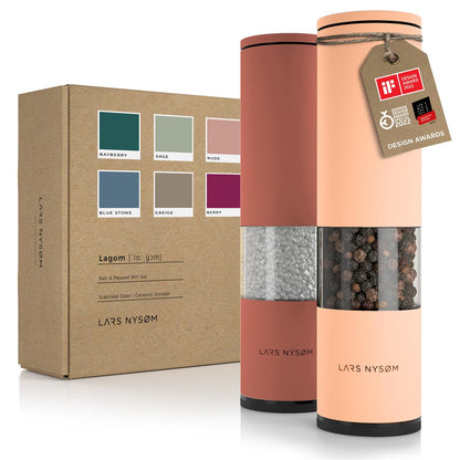 LARS NYSØM Salt and Pepper Mills Set Stainless Steel with Adjustable Ceramic Grinder 2 Pieces I Design Spice Mills Set Manual (Brown/Beige)