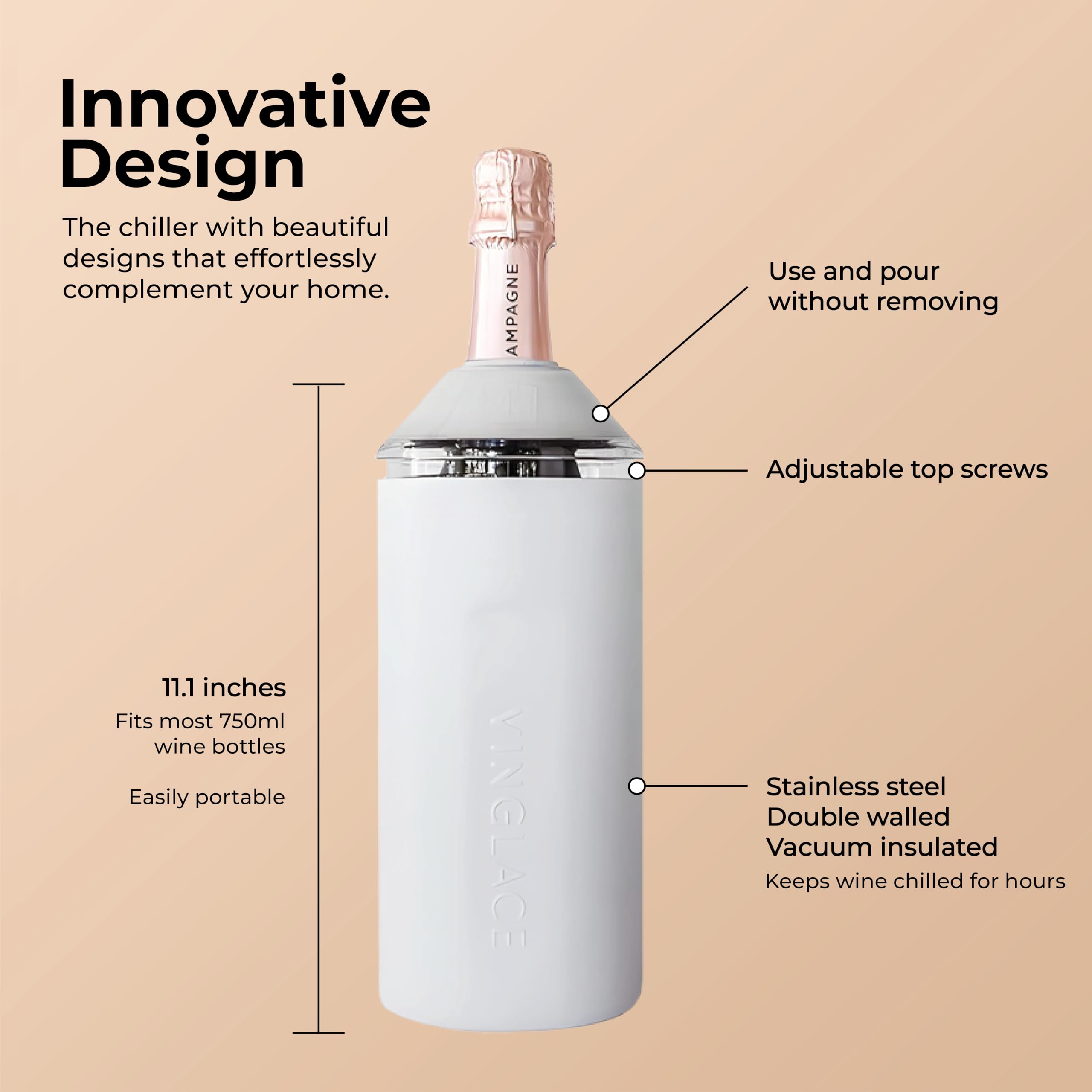 Vinglacé Wine Bottle Chiller- Portable Champagne Insulator- Stainless Steel Wine Cooler Sleeve, White