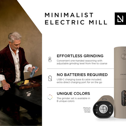 LARS NYSØM Electric Salt and Pepper Grinder Set I Automatic Salt and Pepper Mills with Adjustable Ceramic Grinder I USB Rechargeable Electric Spice Grinder Set (Almond Beige)