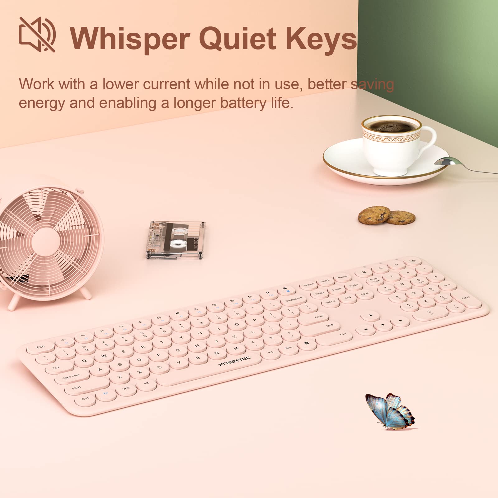Wireless Keyboard and Mouse, XTREMTEC Cute Keyboard Retro Round Keycap - 2.4GHz Ultra-Slim Quiet Aesthetic Keyboard for Mac Computer Laptop PC Desktops (Rosegold)