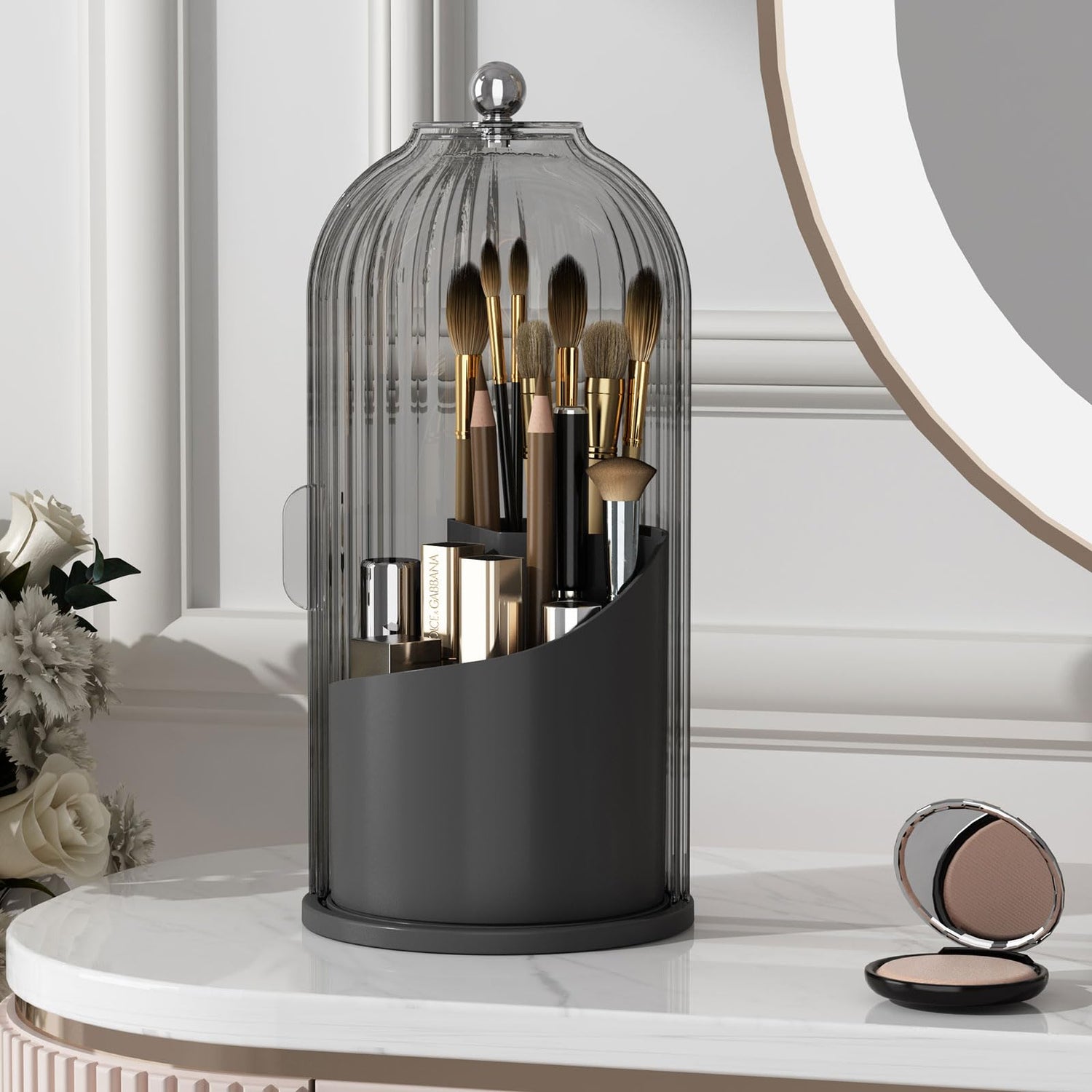 Makeup Brush Holder Organizer with Lid,360 Rotating Clear Dustproof Makeup Brushes Organizer for Vanity Desktop Bathroom Countertop (Transparent)