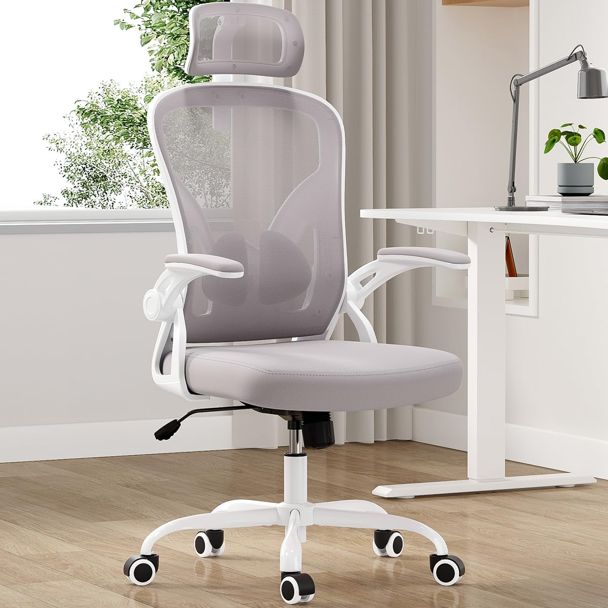 Farini Ergonomic Office Chair, Home Office Desk Chair with Headrest, High Back Computer Chair with Flip-up Armrests and Adjustable Lumbar Support for Home Office Study Bedroom, Khaki.
