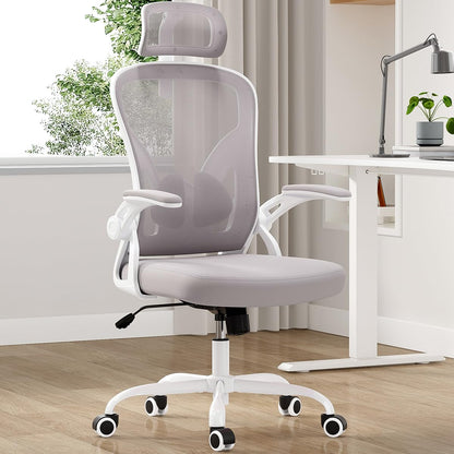 Farini Ergonomic Office Chair, Home Office Desk Chair with Headrest, High Back Computer Chair with Flip-up Armrests and Adjustable Lumbar Support for Home Office Study Bedroom, Khaki.