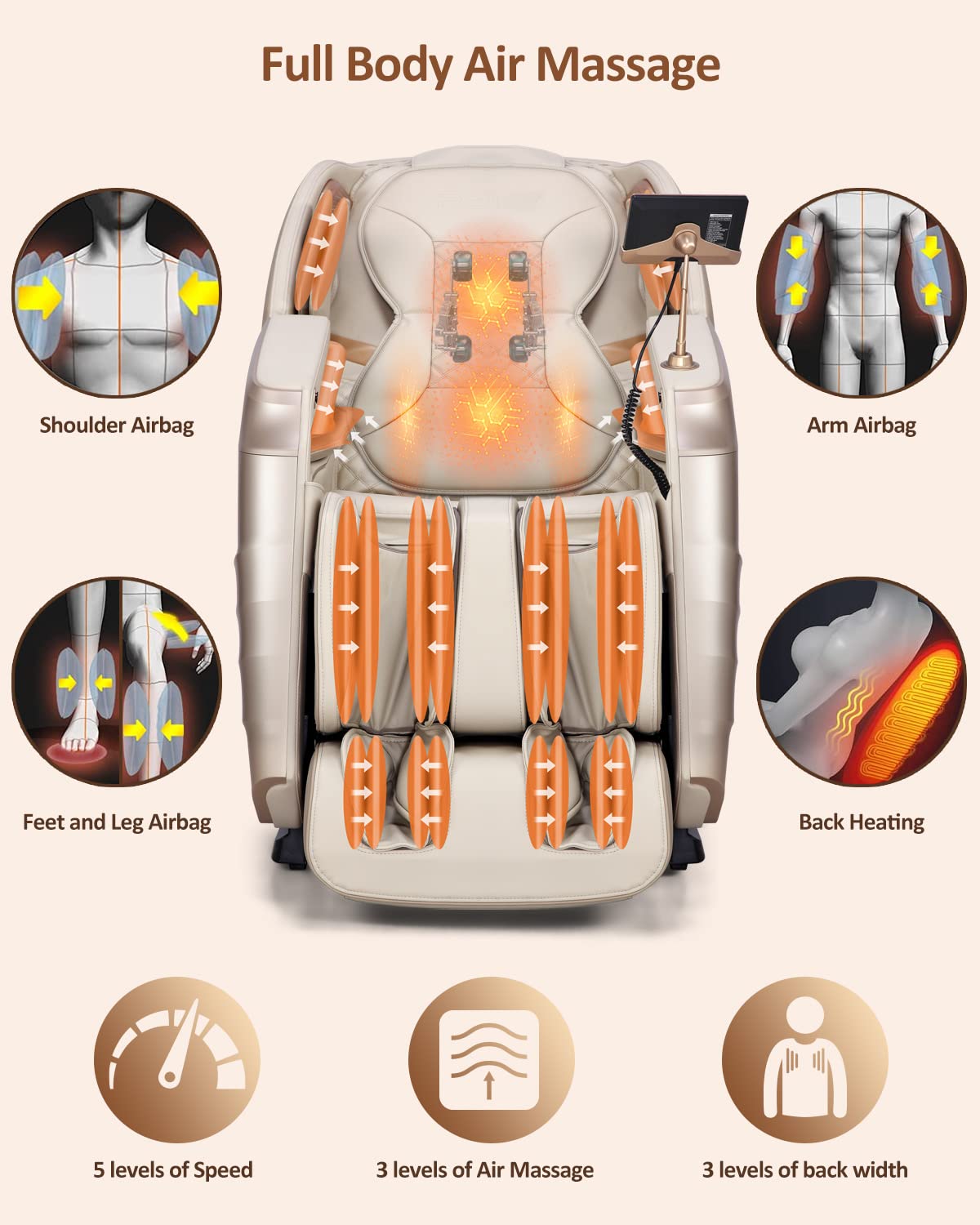 RELX Massage Chair Full Body Zero Gravity SL-Track Shiatsu Massage Chair, 12 Modes, Airbag Massage, with Yoga Stretch, Foot Massage, AI Control (Cream)