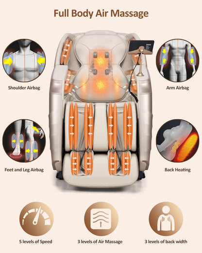 RELX Massage Chair Full Body Zero Gravity SL-Track Shiatsu Massage Chair, 12 Modes, Airbag Massage, with Yoga Stretch, Foot Massage, AI Control (Cream)