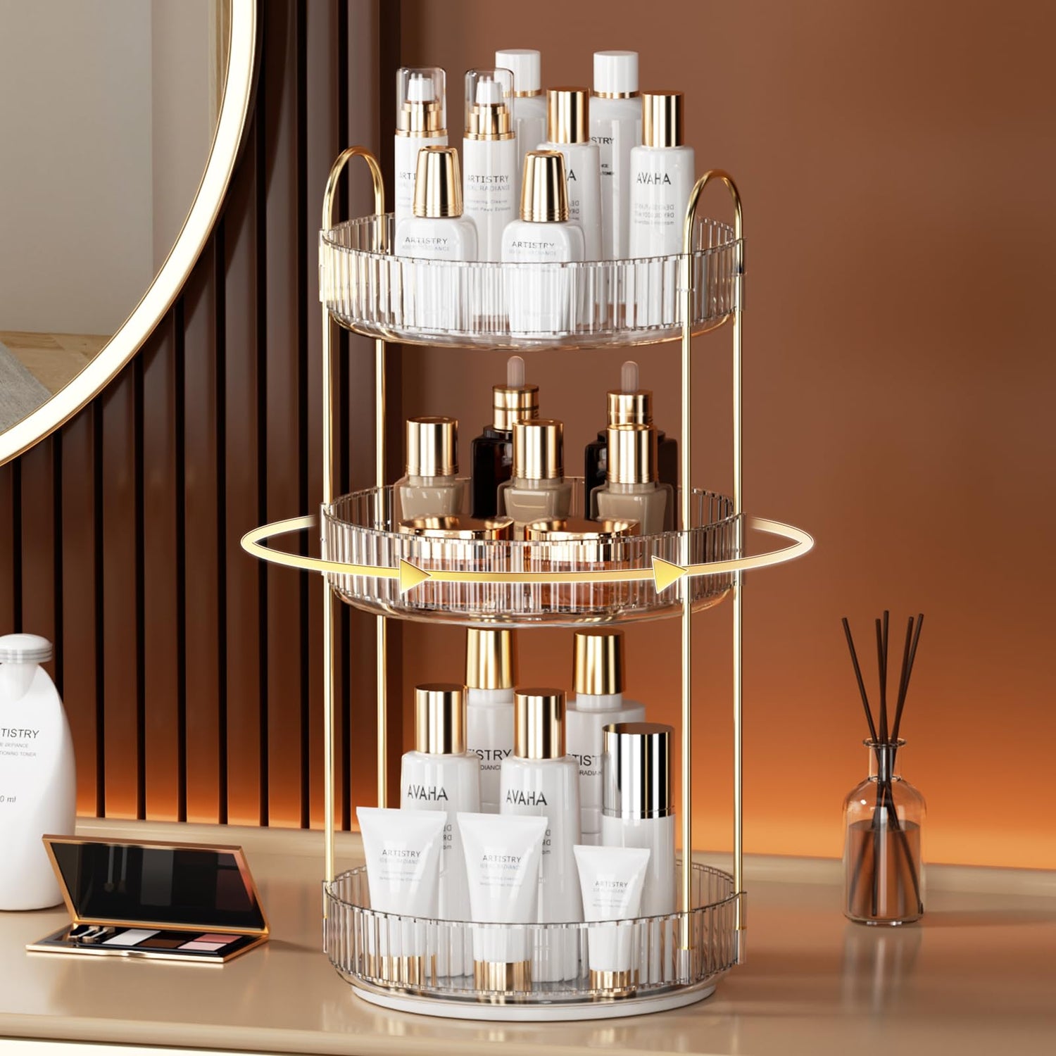YCIA&amp;DONE 360 Rotating Makeup Organizer and Storage for Vanity Bathroom Countertop, High Capacity Cosmetic Skincare Perfume Organizer for Dresser Lazy Susan Organizers(Clear White,2 Tiers)