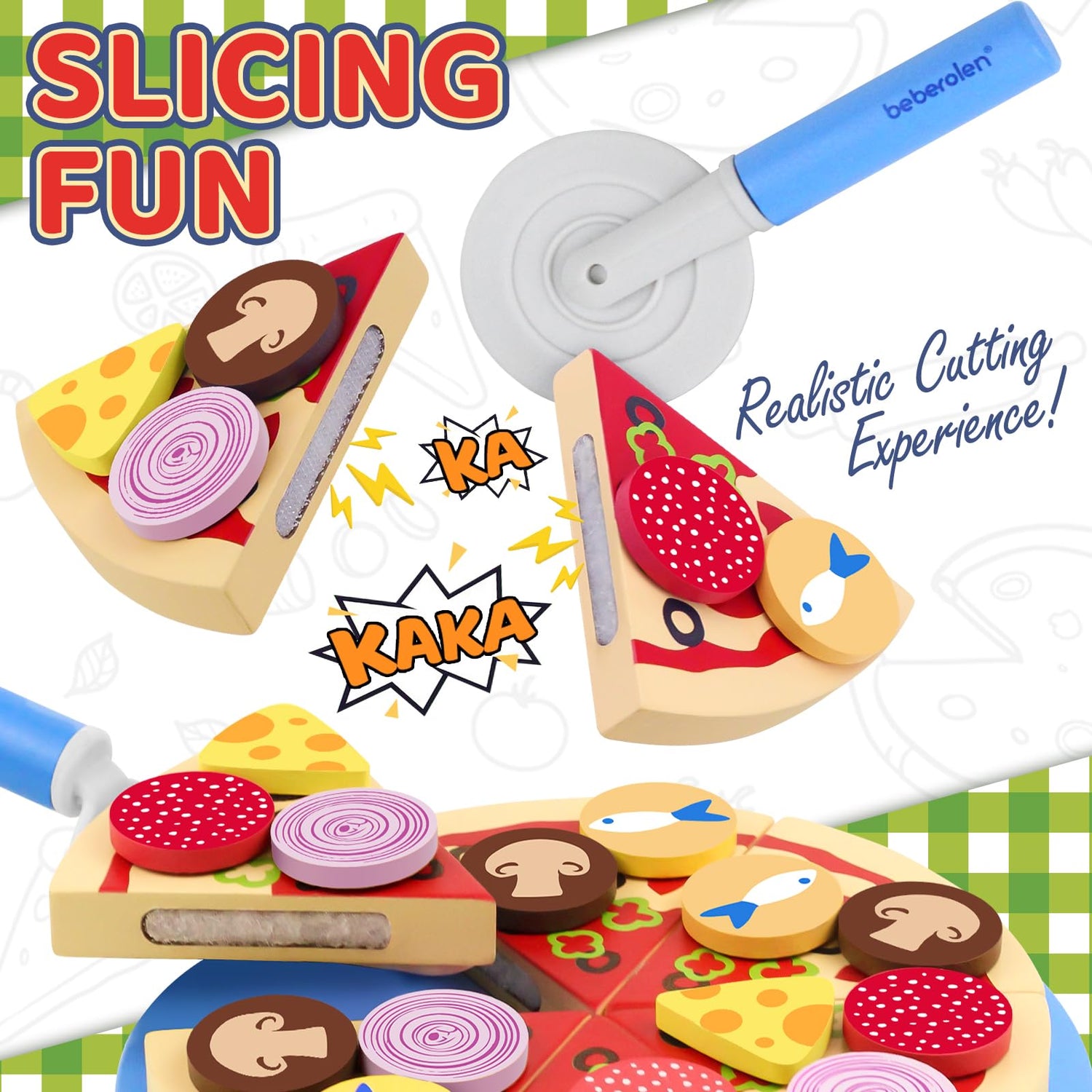 Beberolen Wooden Pizza Toy Play Food Set for Kids Pretend Play Kitchen Accessories Cutting Food Toys for 3 4 5 Years Old Toddlers Boys Girls
