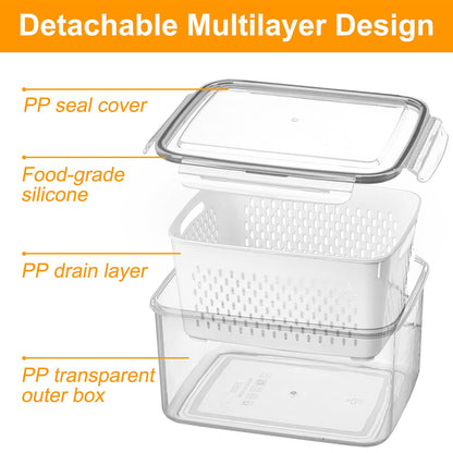 Fresh Food Storage Containers, 3 Pack Large Capacity Produce Saver Box with Drain Baskets &amp; Lid for Vegetable and Fruit - BPA Free Stackable Refrigerator Organizer for Kitchen (0.8L+1.7L+3.15L)