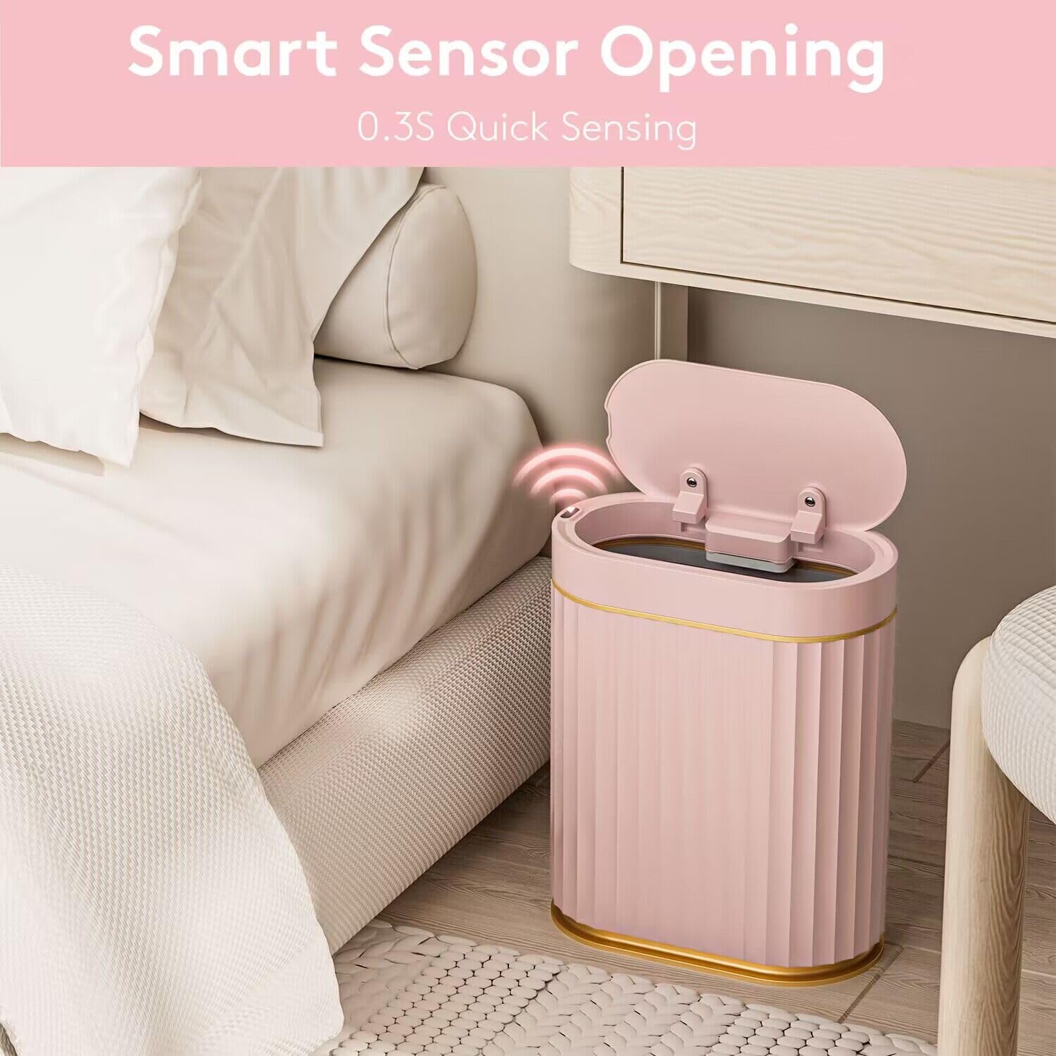 ELPHECO Mini Desktop Trash Can with Lid, Small Slim Automatic Garbage Can, 1.3 Gallon Motion Sensor Countertop Waste Basket for Bedroom, Office, Bathroom, White with Grey Trim