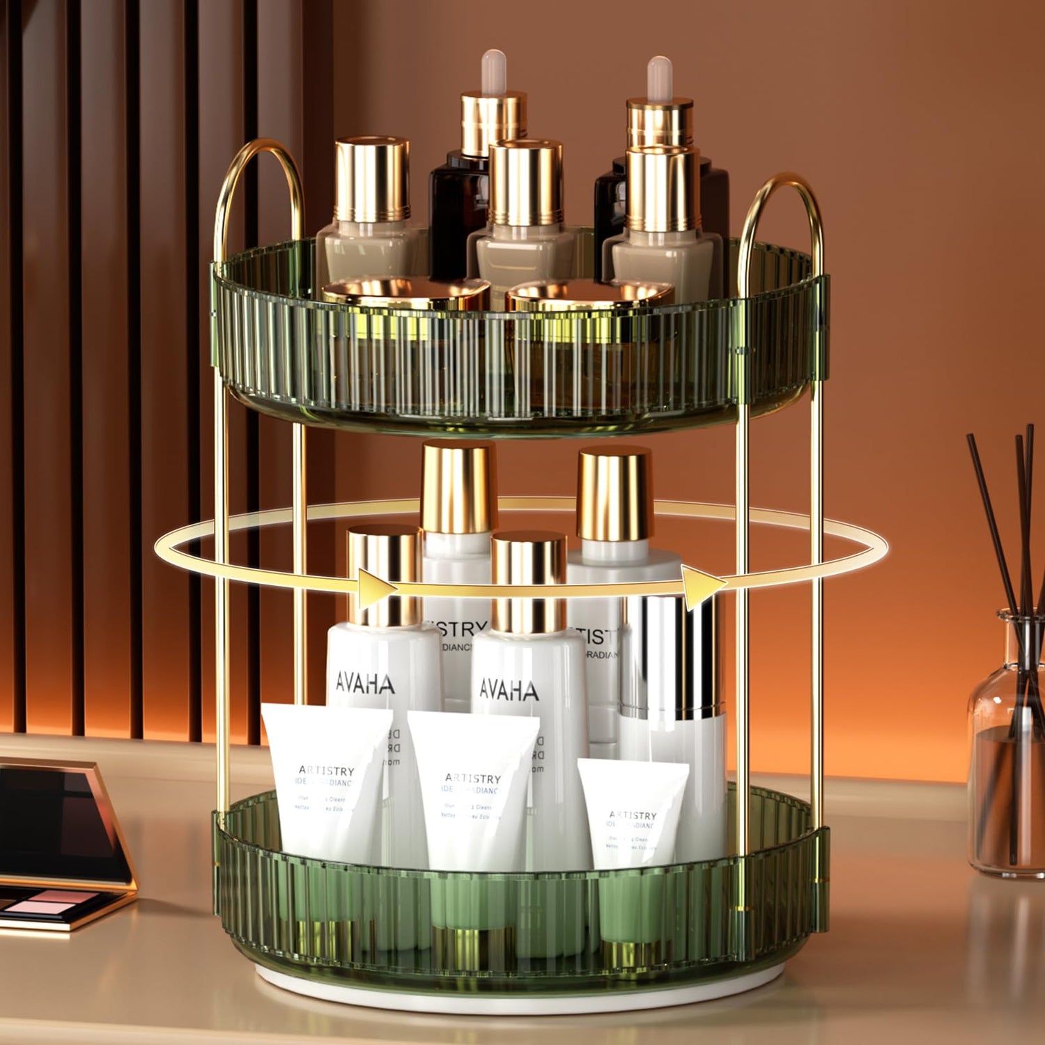 YCIA&amp;DONE 360 Rotating Makeup Organizer and Storage for Vanity Bathroom Countertop, High Capacity Cosmetic Skincare Perfume Organizer for Dresser Lazy Susan Organizers(Clear White,2 Tiers)