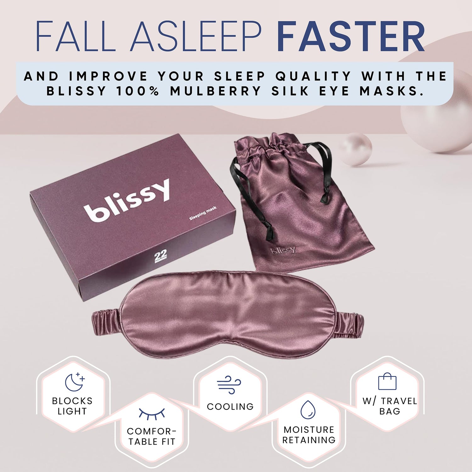 Blissy Silk Sleep Mask - Silk Eye Sleeping Mask for Women &amp; Men for Total Blackout - Silk Eye Mask - 100% Pure Mulberry Silk, 22 Momme 6a Fibers - Blindfold Silk Sleep Mask Side Sleeper Eye Cover
