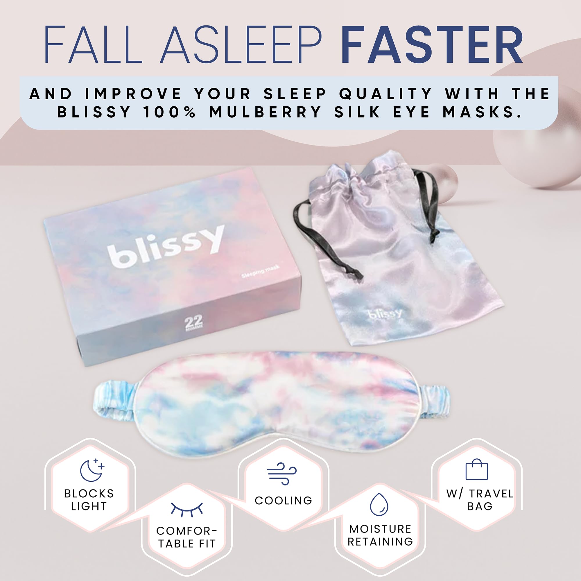 Blissy Silk Sleep Mask - Silk Eye Sleeping Mask for Women &amp; Men for Total Blackout - Silk Eye Mask - 100% Pure Mulberry Silk, 22 Momme 6a Fibers - Blindfold Silk Sleep Mask Side Sleeper Eye Cover