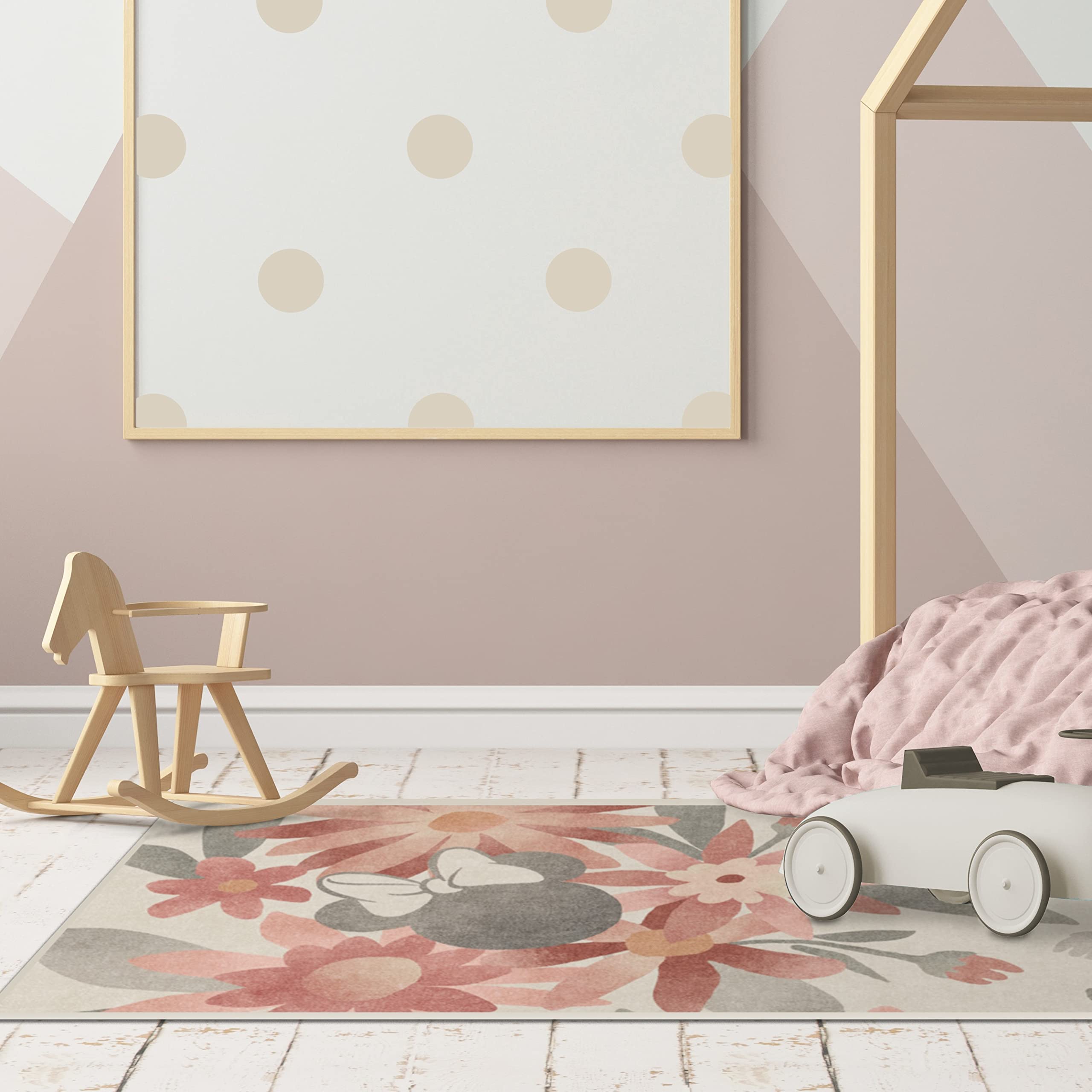 RUGGABLE Disney Classic Minnie Mouse Washable Rug - Perfect Area Rug for Nursery Playroom Kids Room - Pet &amp; Child Friendly - Stain &amp; Water Resistant - Trellis Pink 5&
