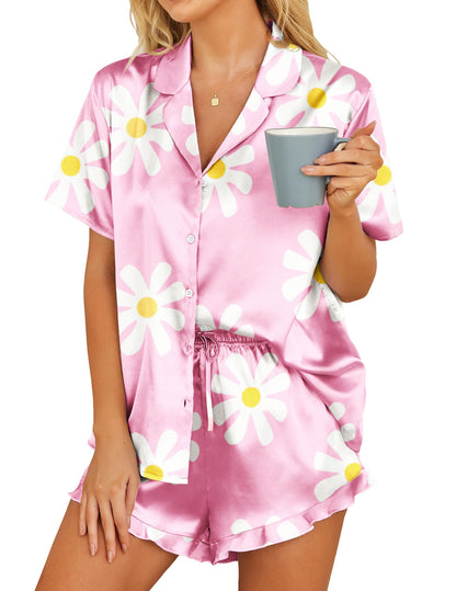 HOTOUCH Womens Satin Pajamas Set Button Down 2 Piece Silk Pjs Shorts Set Ruffle Lingerie Notch Collar Sleepwear