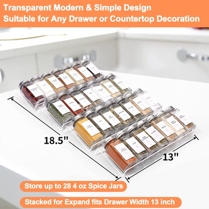 Clear Acrylic Spice Drawer Organizer, 4 Tier- 2 Set Expandable From 33 cm to 66 cm Seasoning Jars Drawers Insert, Kitchen Spice Rack Tray for Drawer/Countertop (Jars and Labels not included)