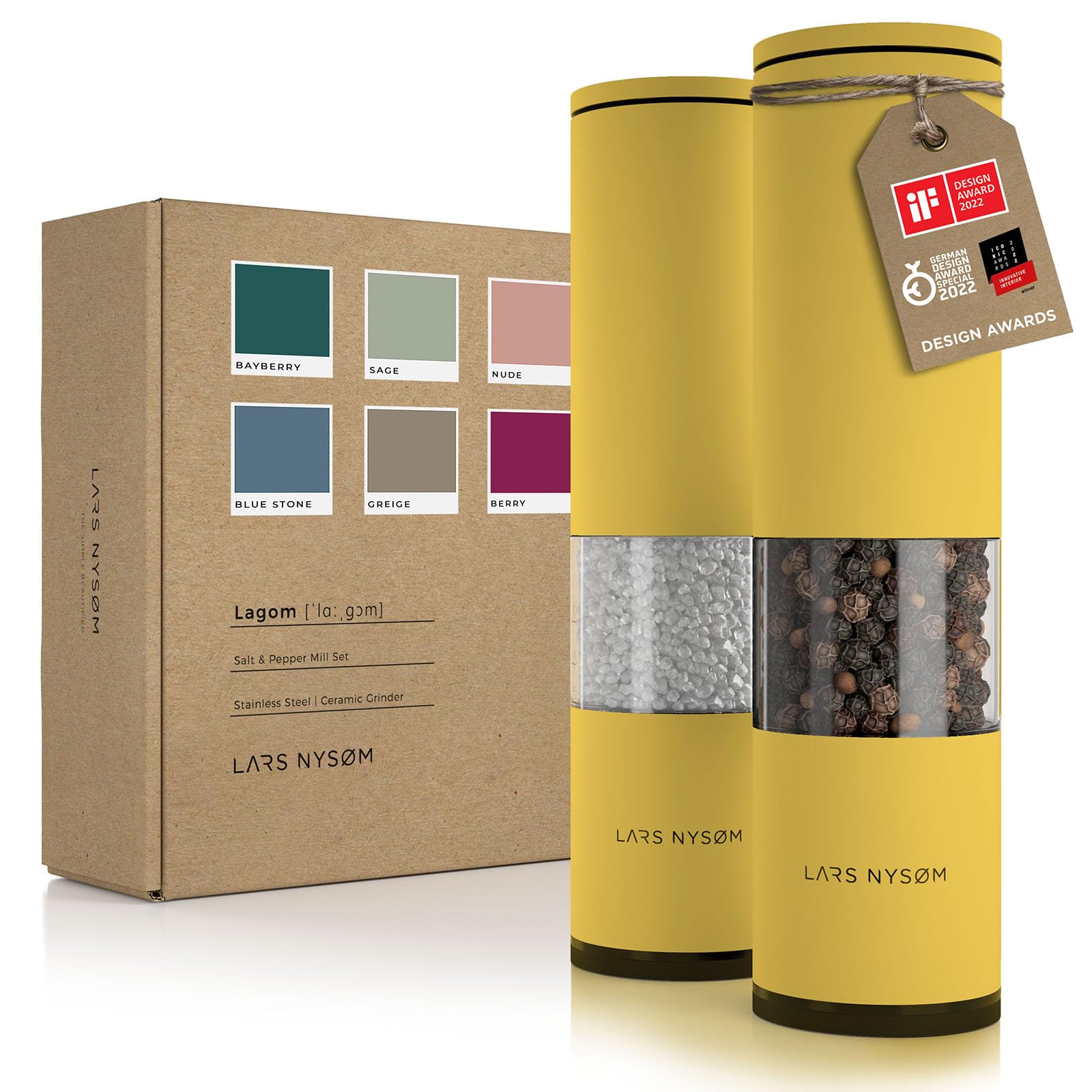 LARS NYSØM Salt and Pepper Mills Set Stainless Steel with Adjustable Ceramic Grinder 2 Pieces I Design Spice Mills Set Manual (Brown/Beige)