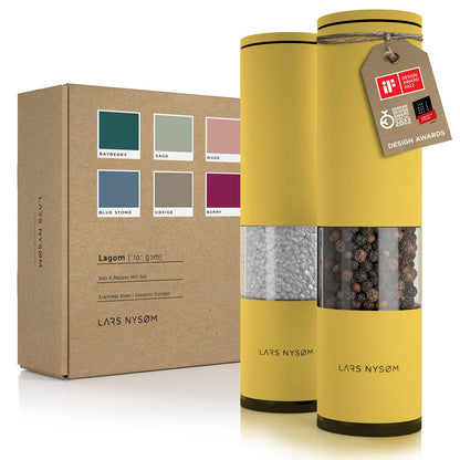 LARS NYSØM Salt and Pepper Mills Set Stainless Steel with Adjustable Ceramic Grinder 2 Pieces I Design Spice Mills Set Manual (Brown/Beige)