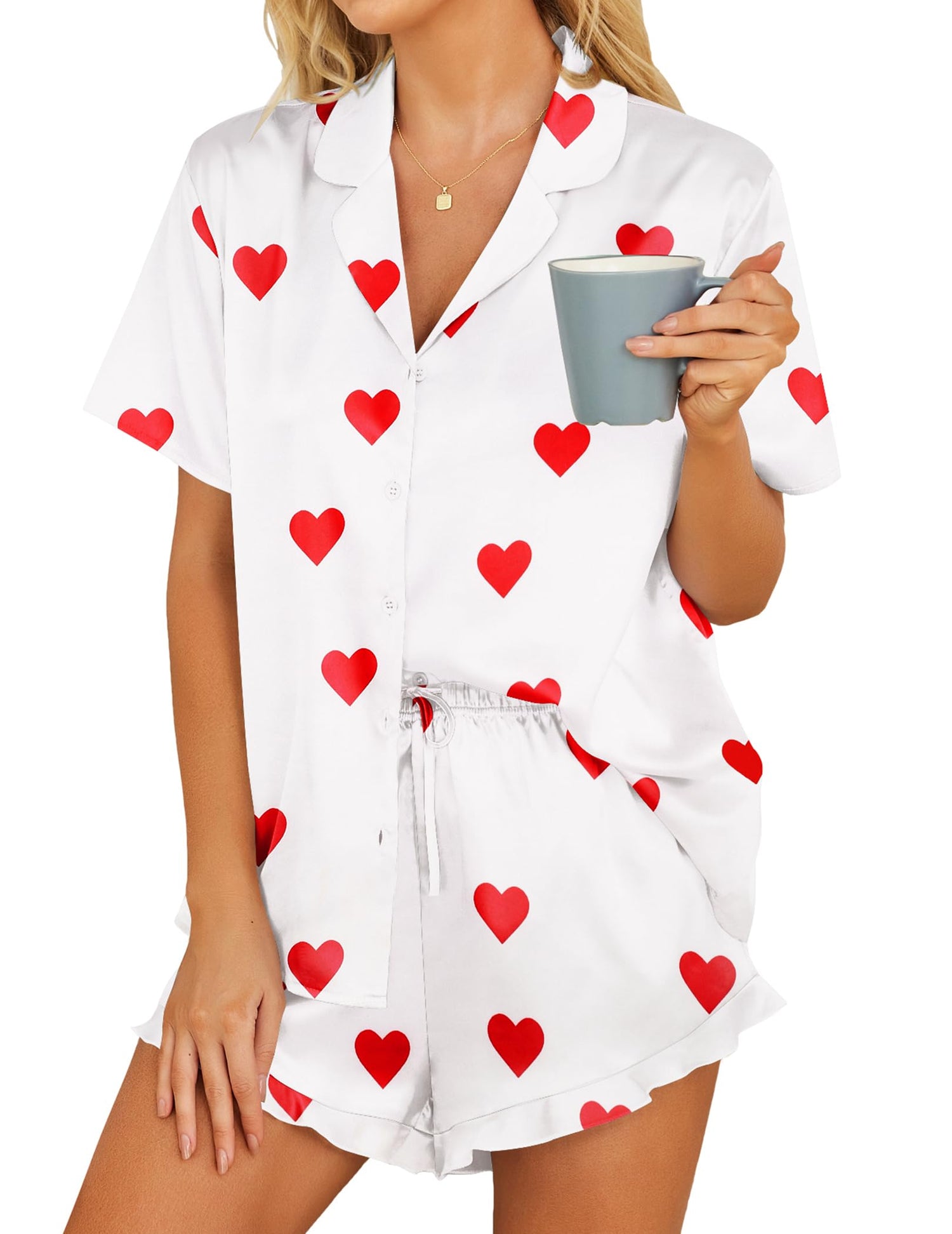 HOTOUCH Womens Satin Pajamas Set Button Down 2 Piece Silk Pjs Shorts Set Ruffle Lingerie Notch Collar Sleepwear