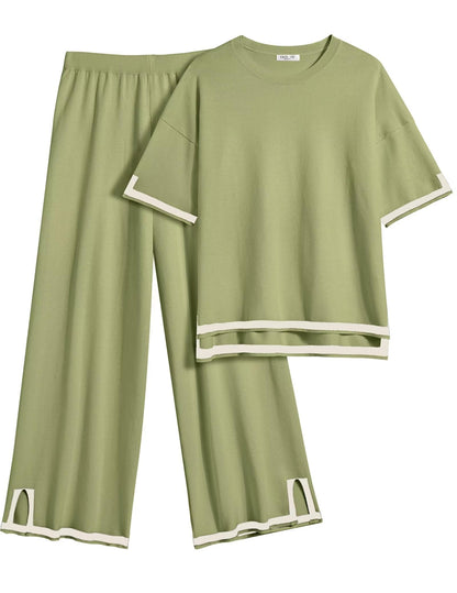 Ekouaer Lounge Set for Women 2 Piece Sets Loungewear Set Outfits Knit Sweater Sets Wide Leg Long Pants Pajama Set