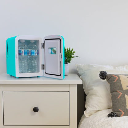 Koolatron Retro Mini Portable Fridge, 4L Compact Refrigerator for Skincare, Beauty Serum, Face Mask, Personal Cooler, Includes 12V Car Adapter, Desktop Accessory for Home Office Dorm Travel, Pink