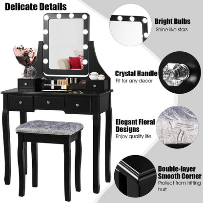 DORTALA Vanity Table Set with 360° Mirror &amp; Cushioned Stool, Makeup Table with 10 LED Dimmable Bulbs, Bedroom Wood Dressing Table with 5 Drawers and Removable Box Organizer, Gift for Females (White)