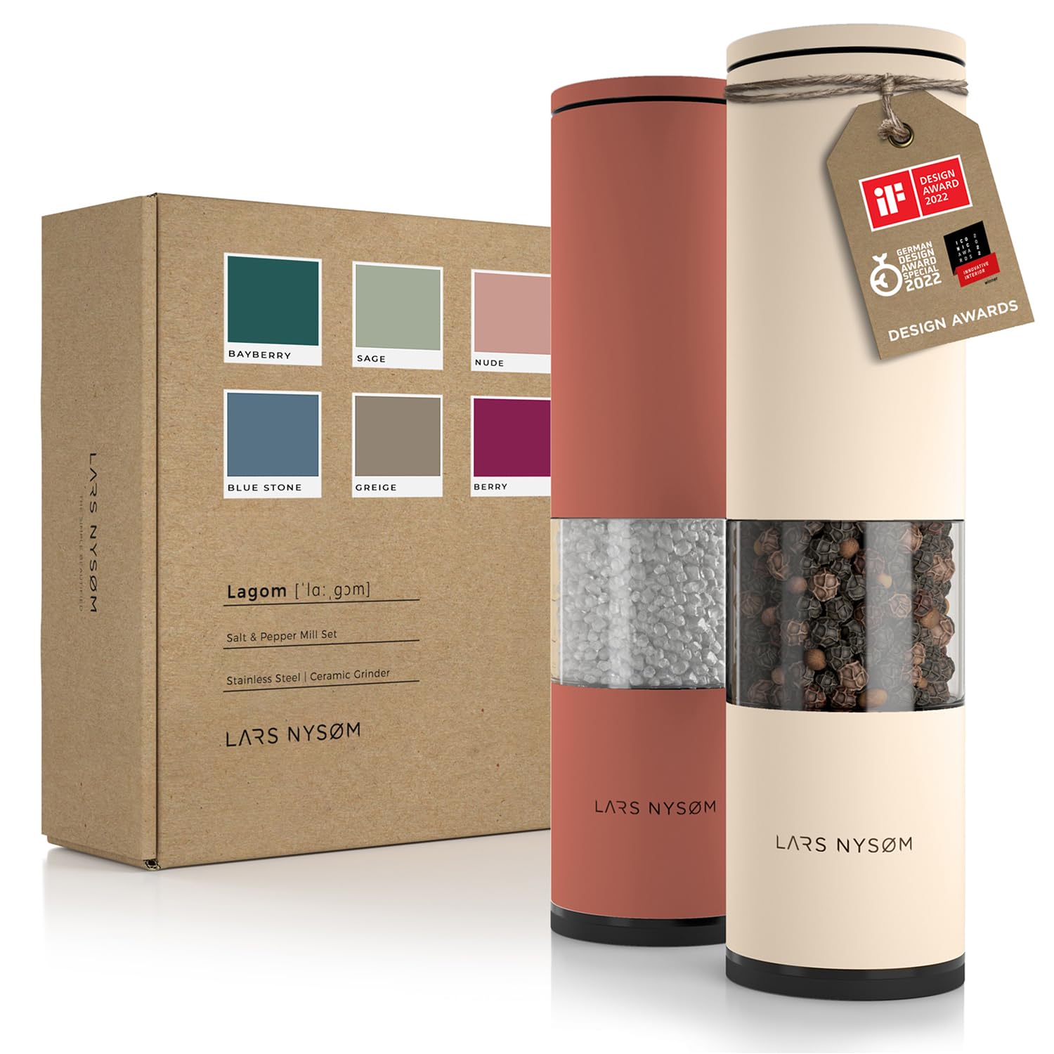 LARS NYSØM Salt and Pepper Mills Set Stainless Steel with Adjustable Ceramic Grinder 2 Pieces I Design Spice Mills Set Manual (Brown/Beige)