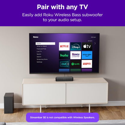 Roku Streambar SE | 2-in-1 TV Soundbar with Built-in 4K/HD/HDR Streaming, Premium Speakers, &amp; Enhanced Speech Clarity for Crisp, Clear Dialogue - Quick Guided Simple Setup