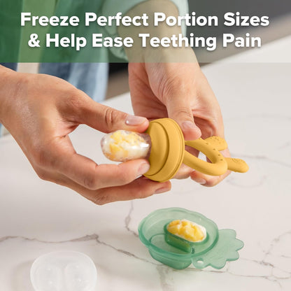 Haakaa Baby Fruit Food Feeder &amp; Mini Freezer Nibble Tray Combo, Breastmilk Popsicle Molds for Cooling Relief, BPA Free Silicone Feeder for Safe Infant Self Feeding, 4 Month+ (Pea Green)