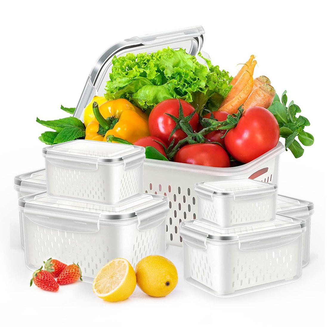 Fresh Food Storage Containers, 3 Pack Large Capacity Produce Saver Box with Drain Baskets &amp; Lid for Vegetable and Fruit - BPA Free Stackable Refrigerator Organizer for Kitchen (0.8L+1.7L+3.15L)