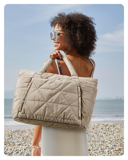BAGSMART Tote Bag for Women, Puffy Tote Bag with Zipper, Large Quilted Shoulder Bag with Compartments for Travel, Work, Gym