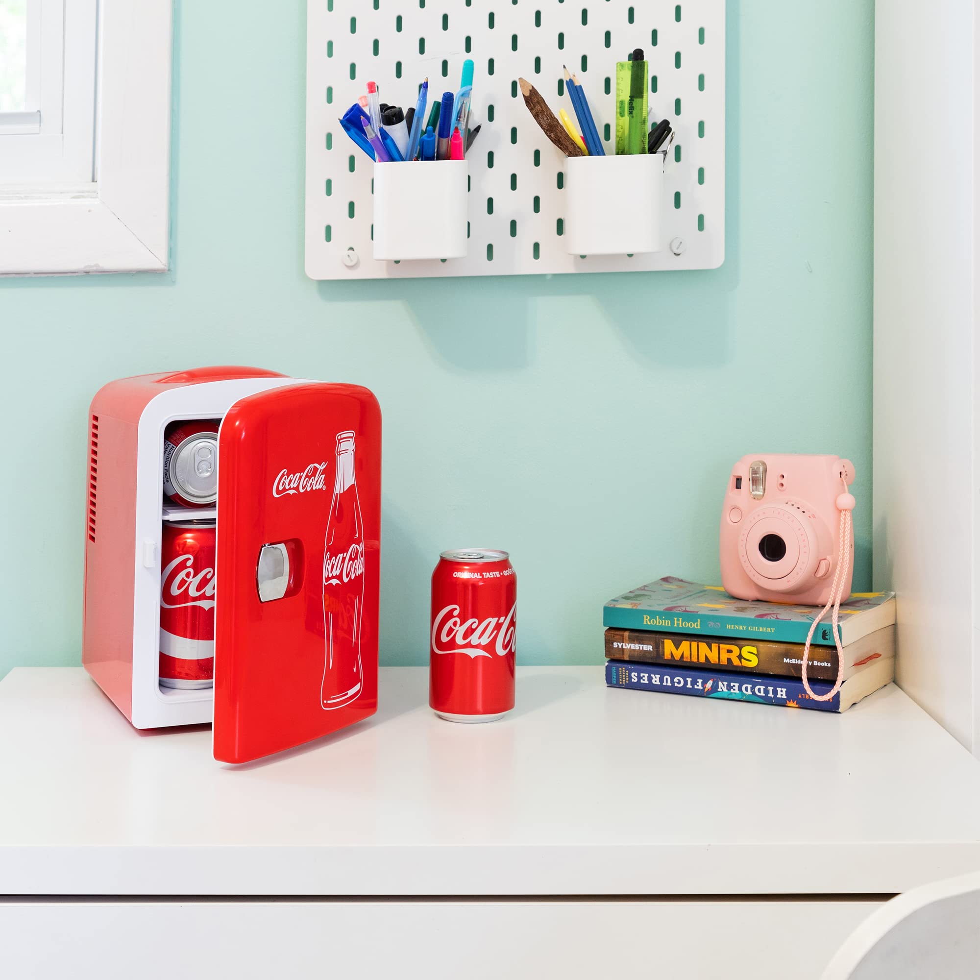 Koolatron Retro Mini Portable Fridge, 4L Compact Refrigerator for Skincare, Beauty Serum, Face Mask, Personal Cooler, Includes 12V Car Adapter, Desktop Accessory for Home Office Dorm Travel, Pink