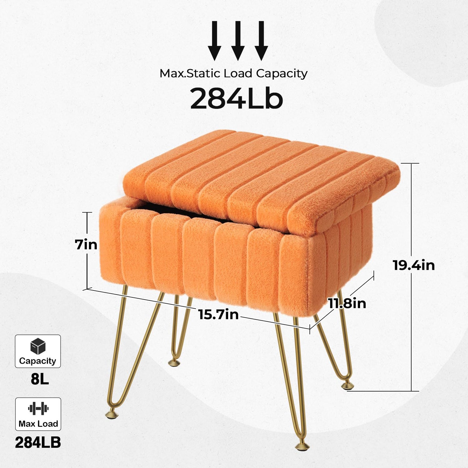Greenstell Vanity Stool Chair Faux Fur with Storage, 19.4&quot; H x 15.7&quot; L x 11.8&quot; W Soft Ottoman 4 Metal Legs with Anti-Slip Feet, Furry Padded Seat, Modern Multifunctional Chairs for Makeup, Bedroom