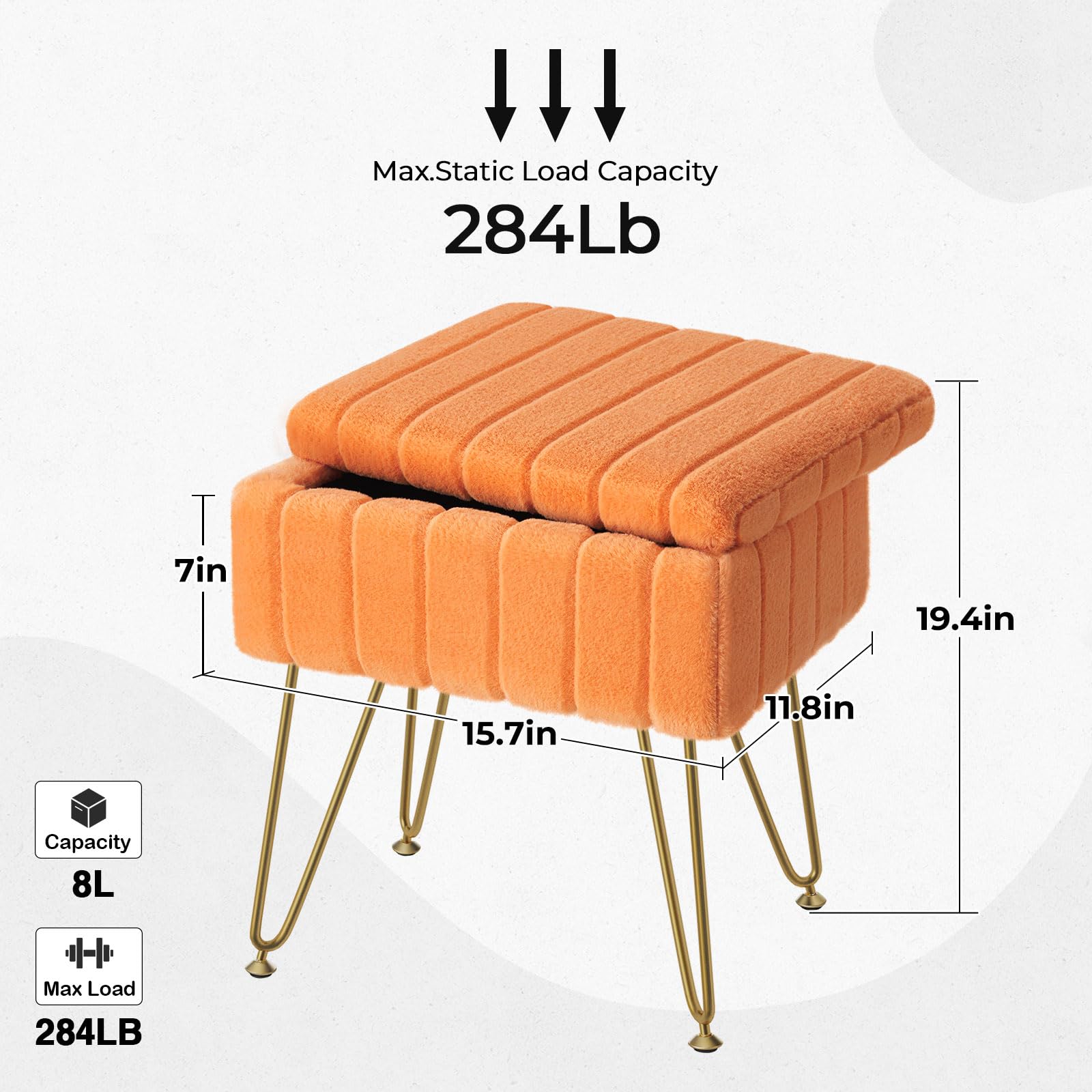 Greenstell Vanity Stool Chair Faux Fur with Storage, 19.4&quot; H x 15.7&quot; L x 11.8&quot; W Soft Ottoman 4 Metal Legs with Anti-Slip Feet, Furry Padded Seat, Modern Multifunctional Chairs for Makeup, Bedroom