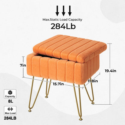 Greenstell Vanity Stool Chair Faux Fur with Storage, 19.4&quot; H x 15.7&quot; L x 11.8&quot; W Soft Ottoman 4 Metal Legs with Anti-Slip Feet, Furry Padded Seat, Modern Multifunctional Chairs for Makeup, Bedroom