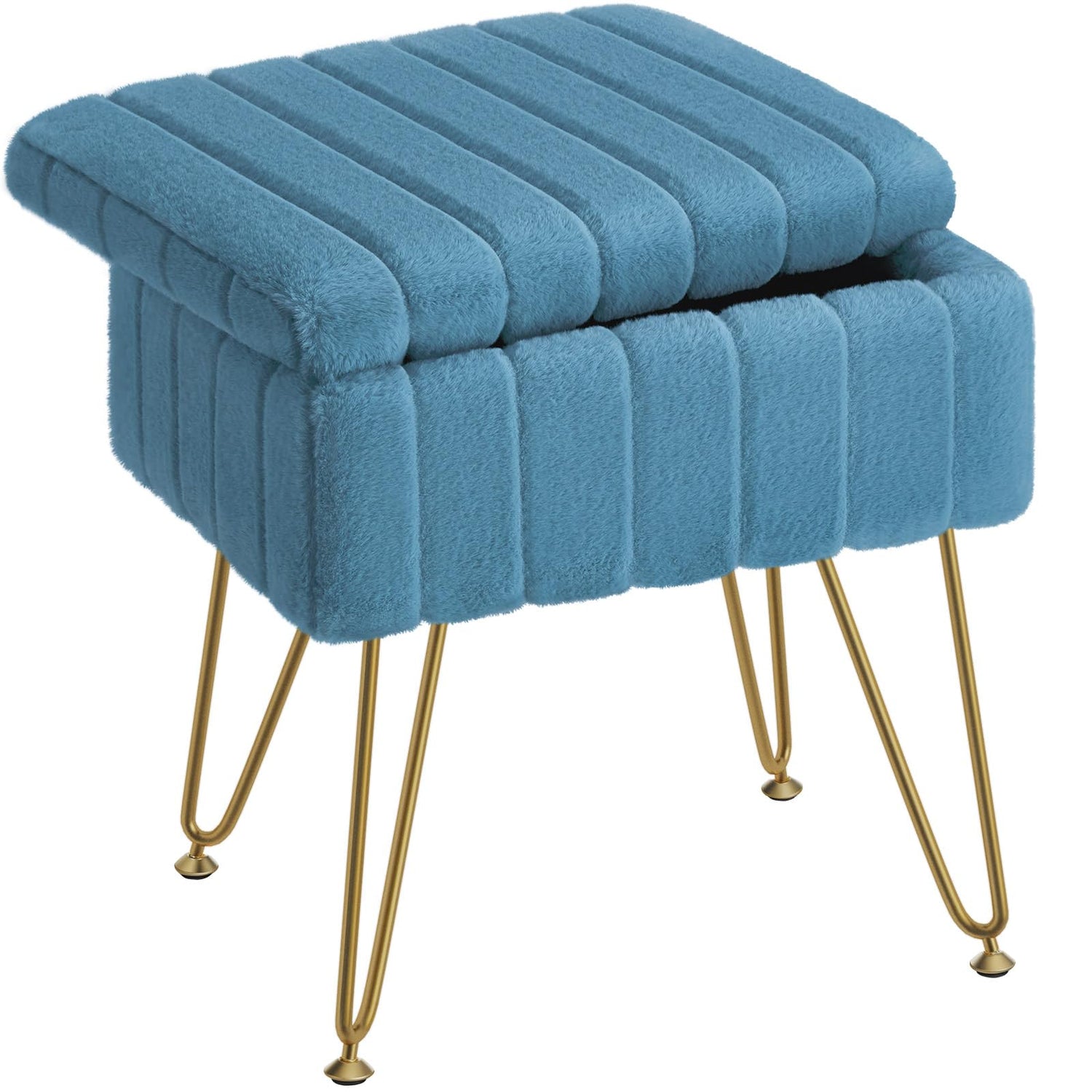 Greenstell Vanity Stool Chair Faux Fur with Storage, 19.4&quot; H x 15.7&quot; L x 11.8&quot; W Soft Ottoman 4 Metal Legs with Anti-Slip Feet, Furry Padded Seat, Modern Multifunctional Chairs for Makeup, Bedroom