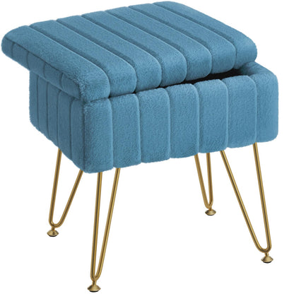 Greenstell Vanity Stool Chair Faux Fur with Storage, 19.4&quot; H x 15.7&quot; L x 11.8&quot; W Soft Ottoman 4 Metal Legs with Anti-Slip Feet, Furry Padded Seat, Modern Multifunctional Chairs for Makeup, Bedroom