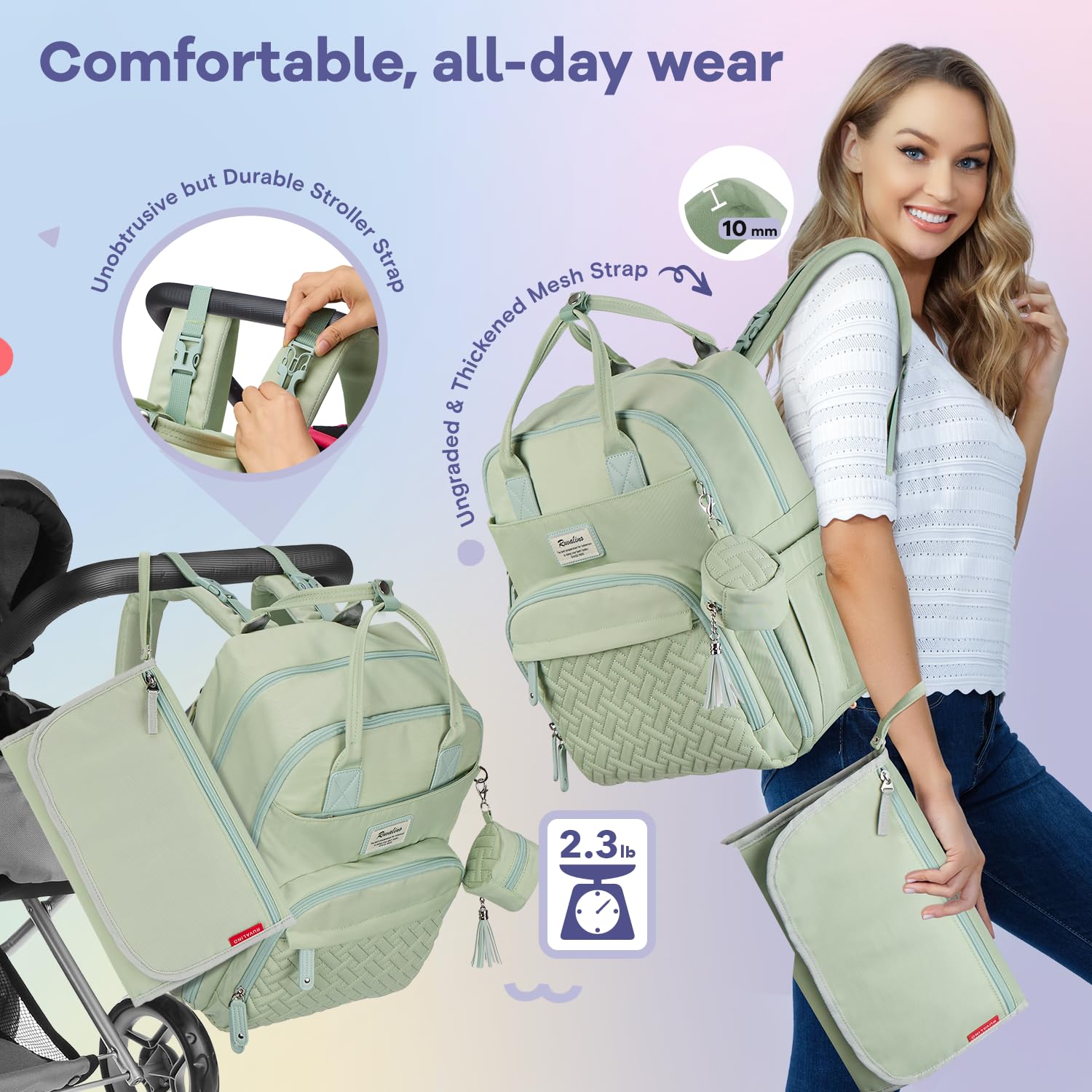 RUVALINO Diaper Bag Backpack, Multifunction Travel Pack Maternity Baby Changing Bags, Large Capacity, Waterproof, Beige