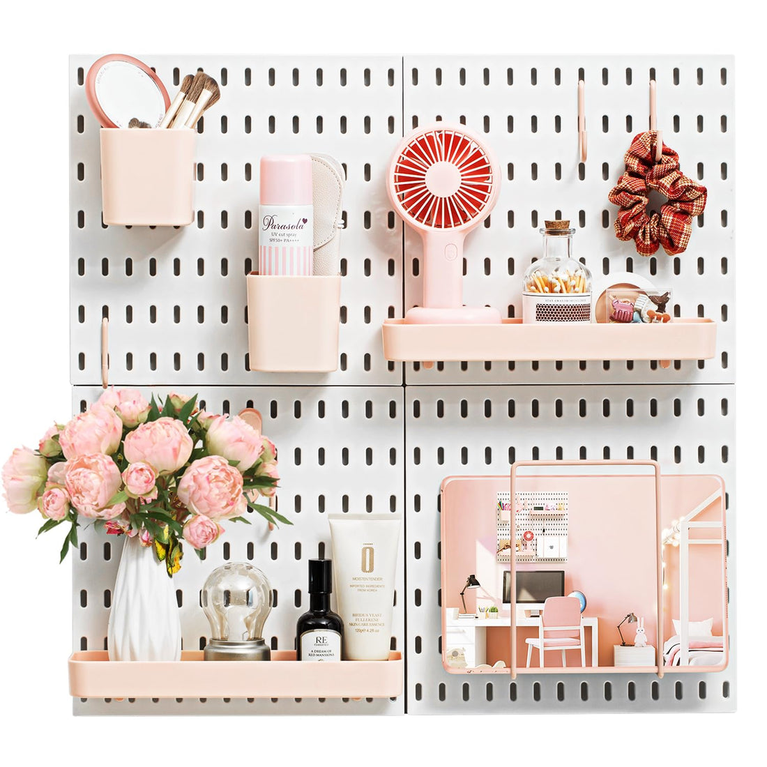 VUSIGN Pegboard Combination Wall Organizer Kit, 4 Pieces Pegboards and 17 Accessories Modular Hanging, Wall Mount Display Peg Board Panel Kits for Bedroom, Home, Office, Bathroom, 22&quot; x 22&quot;, Pink