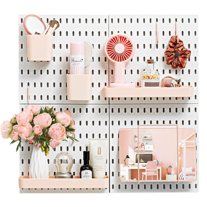 VUSIGN Pegboard Combination Wall Organizer Kit, 4 Pieces Pegboards and 17 Accessories Modular Hanging, Wall Mount Display Peg Board Panel Kits for Bedroom, Home, Office, Bathroom, 22&quot; x 22&quot;, Pink